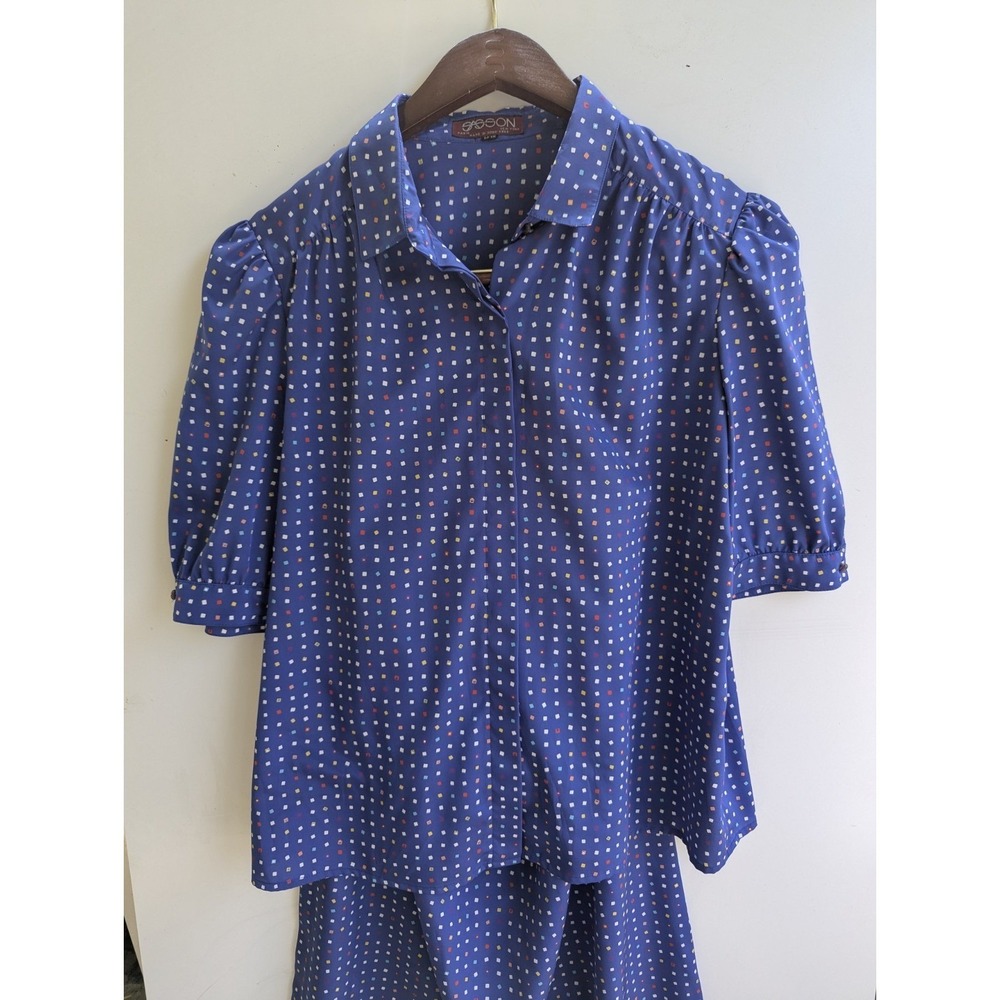 Vintage Sasson Blue Confetti Print 2‎ Piece Skirt Set Short Sleeve 14/15 80s